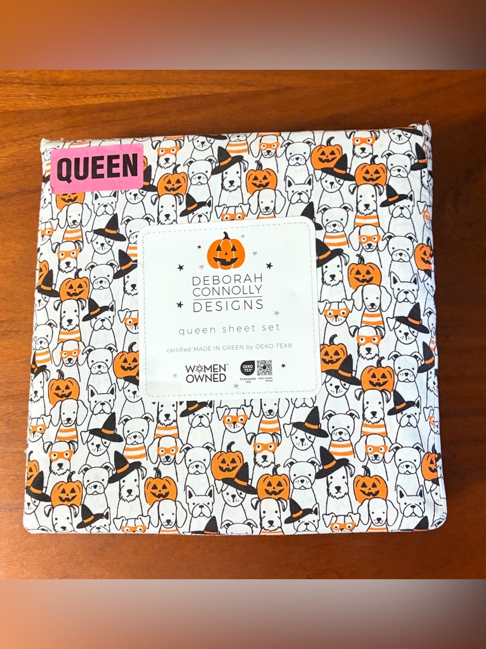 NEW Deborah Connolly Designs Queen Halloween Pumpkin Print Cotton Sheet Set - Picture 2 of 5